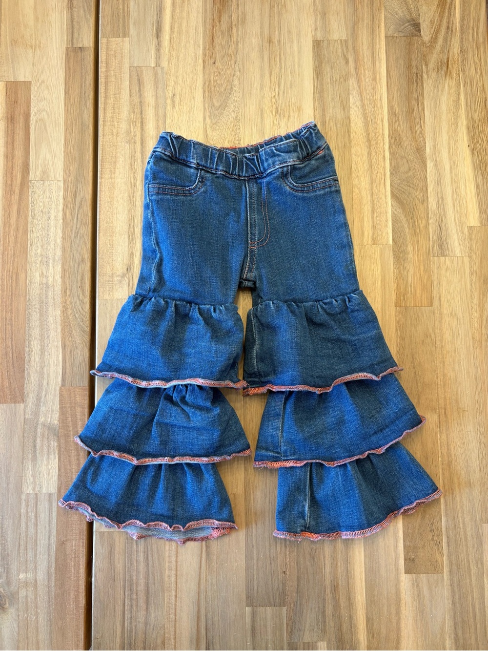 Wrangler Toddler Flare Jeans with Tiered Ruffles and Pink Stitches 2T